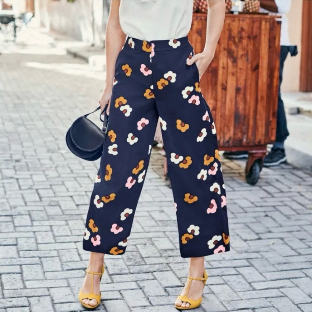Boden Floral Exeter Wide Leg Cropped Pants Culottes 60's Mod Navy Blue Retro 6R